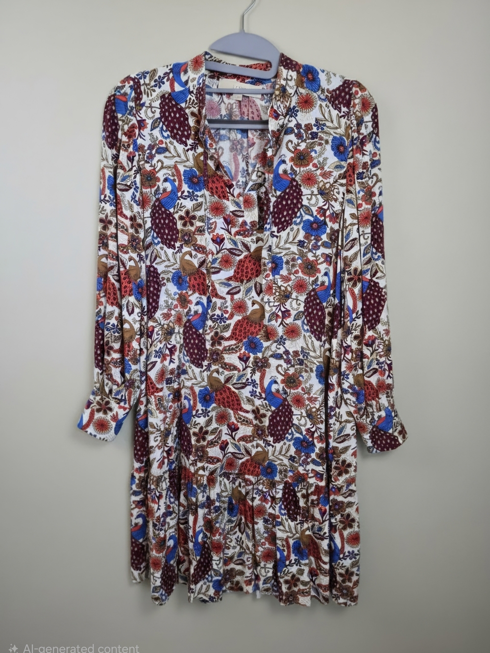 LOFT Petites Peacock Floral Long Sleeve Dress XSP Ruffle Hem Boho